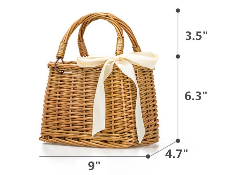 QTMY Bow Rattan Woven Bag Straw Bags Top Handle Wicker Baskets Handbags Boho Style Beach Bag Flower Basket - Image 2